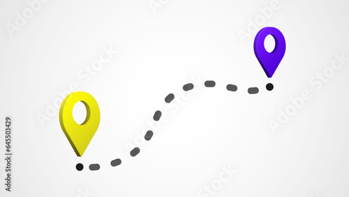 3d map pin icons are blue and yellow with a dotted road with the point of departure and arrival on a white background.