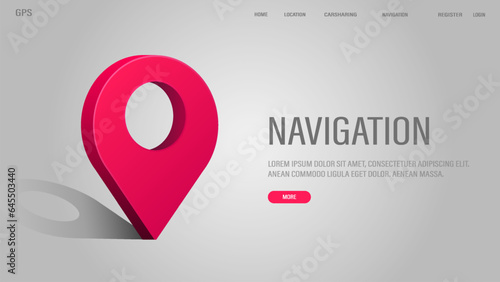 A web banner with a 3d icon map pin with a shadow in pink on a white background with text. A concept for navigation.