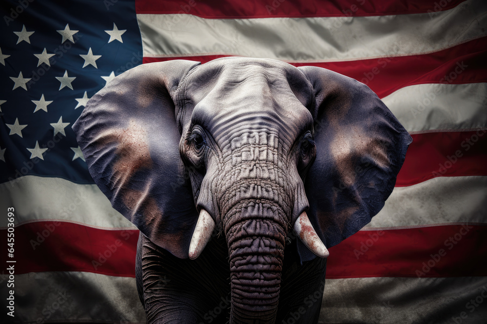 An elephant as a symbol of republicans with US flag in the background ...