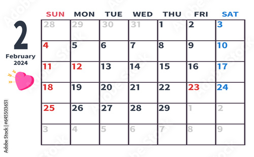 2024年2月の月間カレンダー