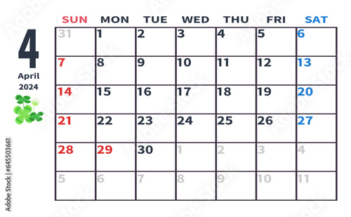 2024年4月の月間カレンダー