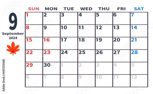 2024年9月の月間カレンダー