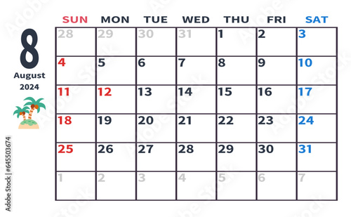 2024年8月の月間カレンダー