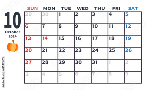 2024年10月の月間カレンダー