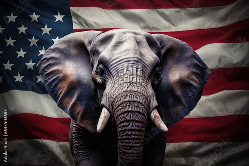 An elephant as a symbol of republicans with US flag in the background photo