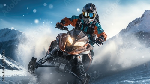 Snowmobile rider performing spectacular jump in beautiful snowy landscape. Generative AI