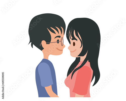 Boy and girl looking at each other romantically. Valentine Day. Asian couple in love looking at each other affectionately. Flat vector illustration isolated on transparent background