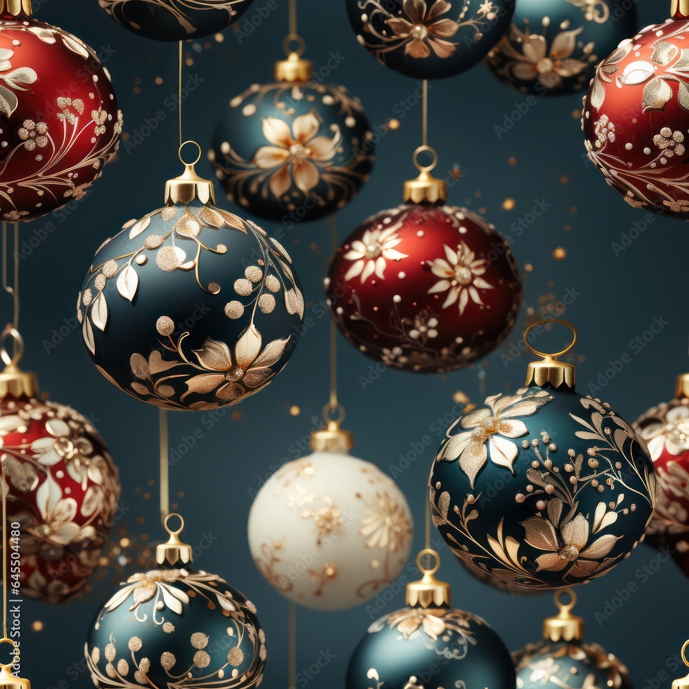 seamless pattern of Christmas tree balls on a dark blue green background.pattern for wrapping paper or wallpaper. seamless pattern of Christmas tree balls on a dark blue green background.pattern for wrapping paper or wallpaper.