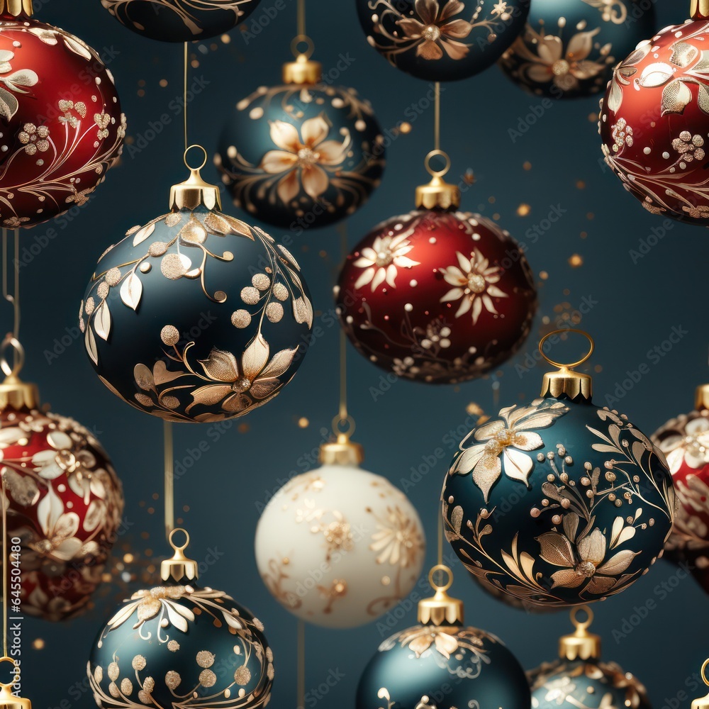 seamless pattern of Christmas tree balls on a dark blue green background.pattern for wrapping paper or wallpaper. 