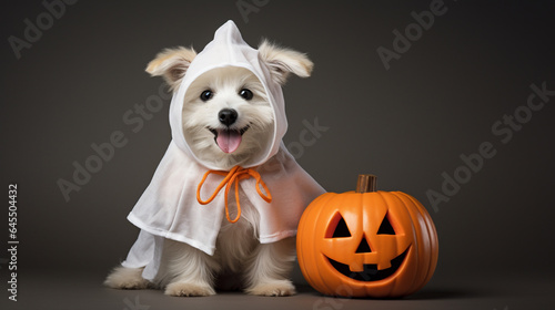 Adorable, Happy Dog Wearing a Halloween Costume Looking Lovingly - Against a Vibrant Background with Studio Lighting Effect - Spooky Season - Pumpkin or Jack-O-Lantern 