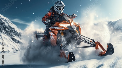 Snowmobile rider performing spectacular jump in beautiful snowy landscape. Generative AI © piai