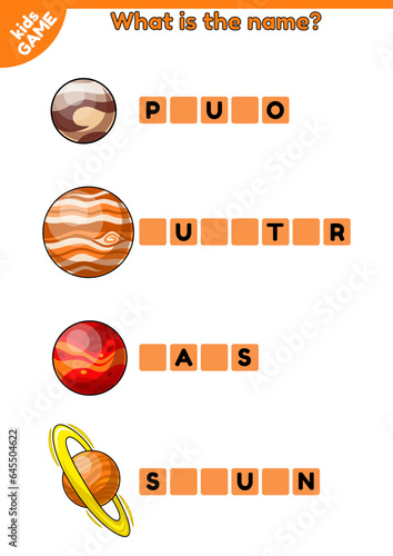 Educational game for kids with words on space theme. Write the missing letters. English spelling training. Worksheet for children. Cartoon planets of solar system. Pluto, Jupiter, Mars, Saturn. Vector