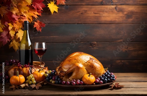 Obraz na płótnie Happy thanksgiving background design with roasted turkey and wine on wooden table, banner with copy space text w salonie