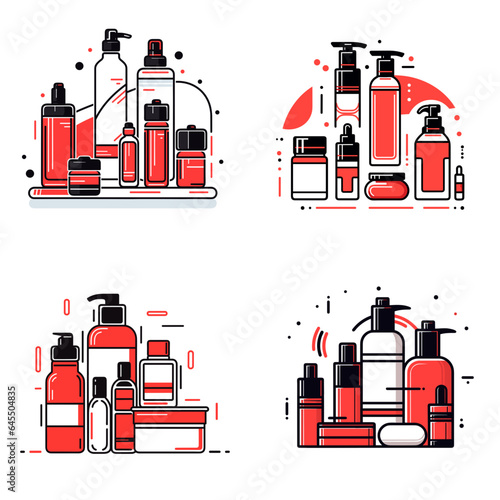 Skincare products set of vector icons in minimalistic, black and red line work, japan web, icons pack