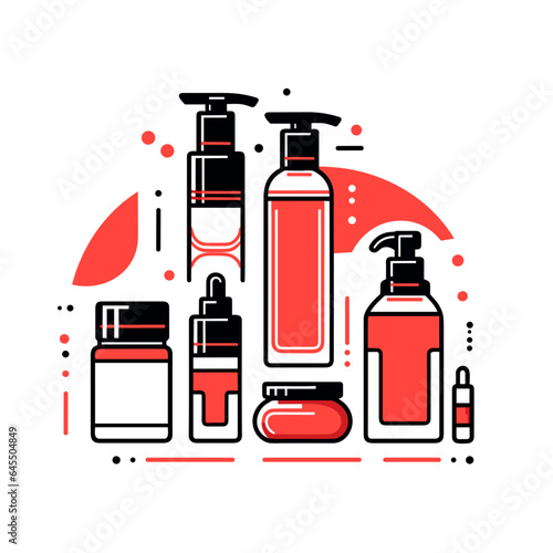 Skincare products vector icon in minimalistic, black and red line work, japan web