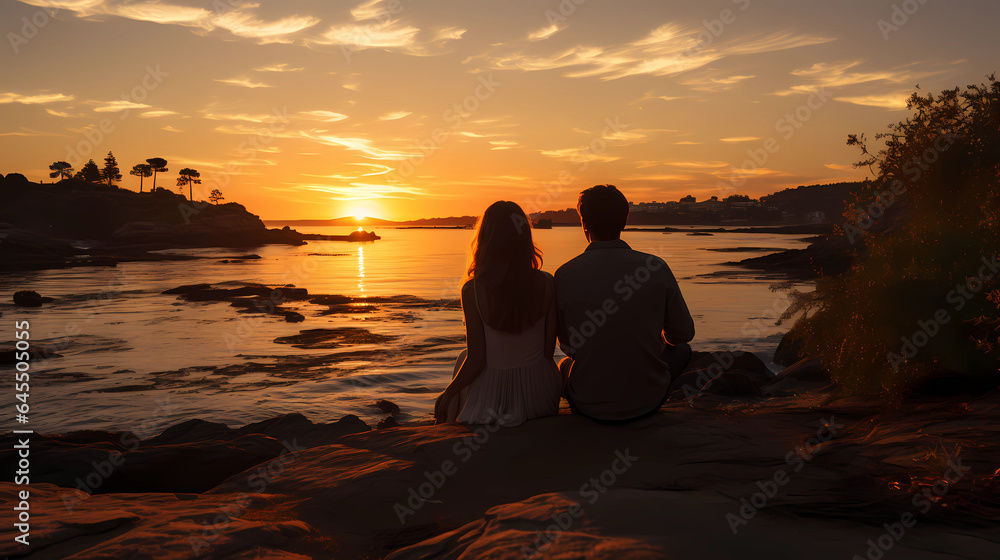 A couple watching sunset on a beach with the view on the sea, sunset, sunrise, beautiful paysage, love, youg couple
