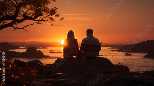 A couple watching sunset on a beach with the view on the sea, sunset, sunrise, beautiful paysage, love, old couple © Alin