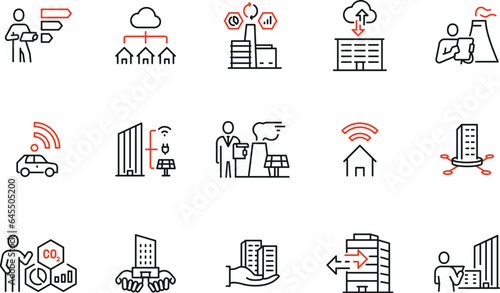 Vector set of linear icons related to building technology, smart houses, urbanism, modern innovation for comfort. Mono line pictograms and infographics design elements 