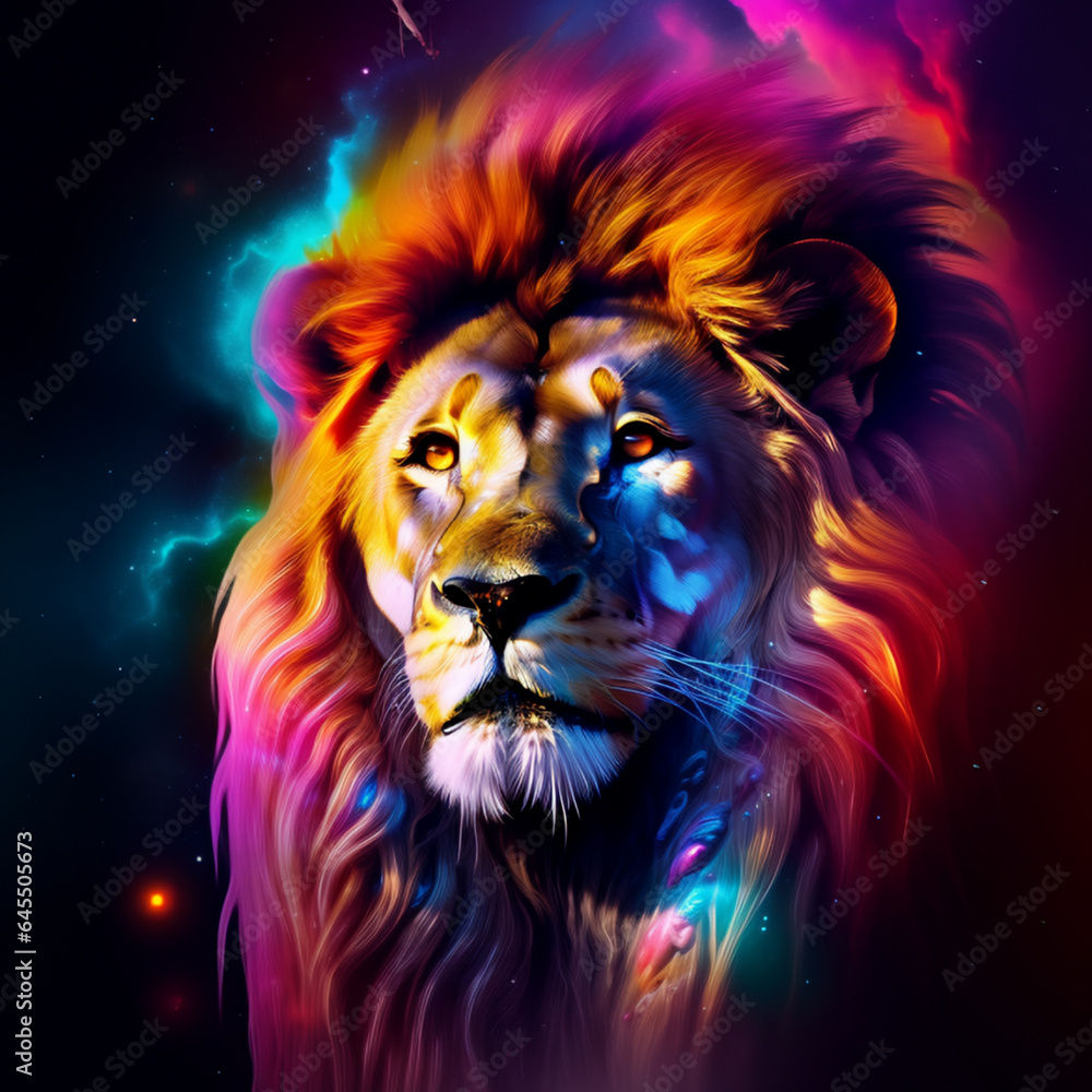 A colorful lion with a rainbow mane, AI Generative.