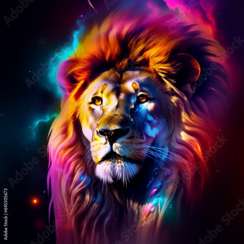 A colorful lion with a rainbow mane  AI Generative.