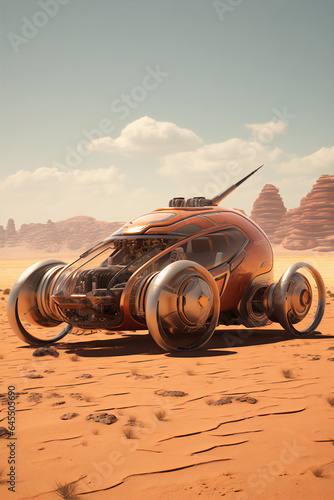 Steampunk Futuristic Hovercar at Desert Oasis with Realistic Cinematic Lighting