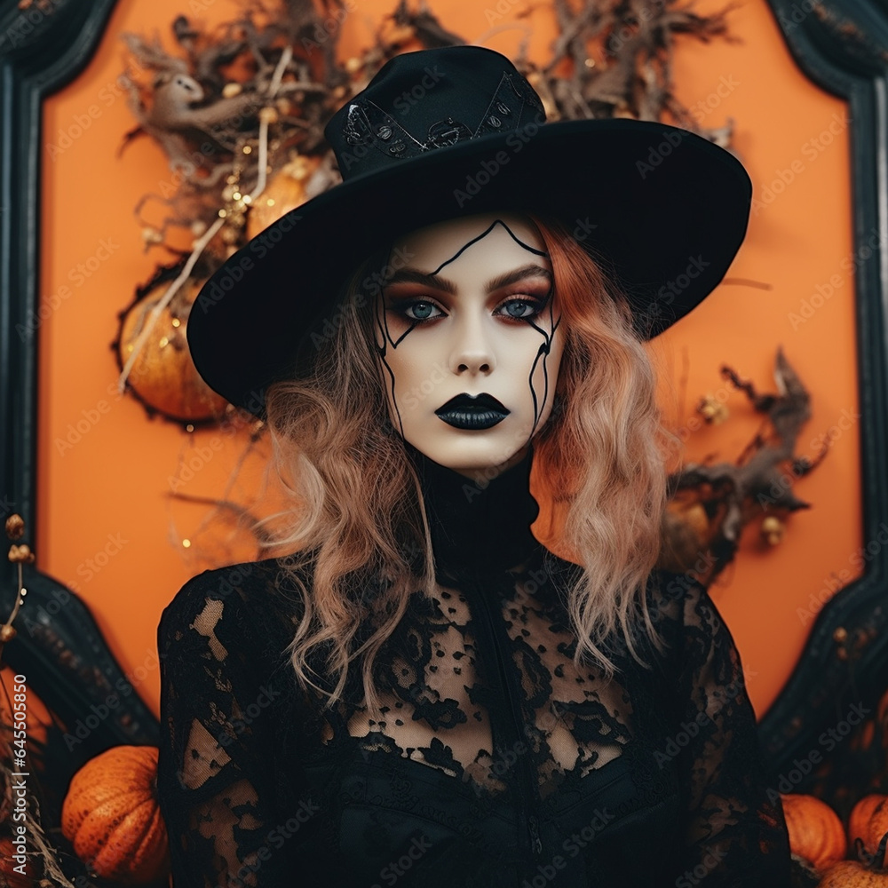 A Woman Dressed as a Dark Witch in a Gothic Halloween Costume - Surrounded by an Intricate Frame with Beautiful Details - Face Makeup for Halloween or Cosplay - Dark Academia Aesthetic A Woman Dressed as a Dark Witch in a Gothic Halloween Costume - Surrounded by an Intricate Frame with Beautiful Details - Face Makeup for Halloween or Cosplay - Dark Academia Aesthetic