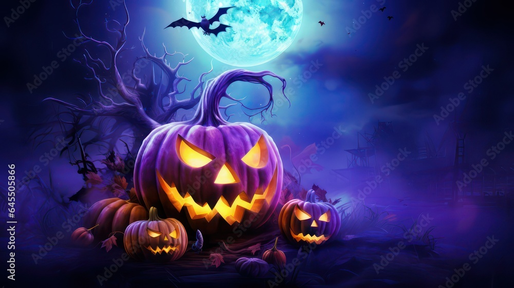 Halloween background with nebula, pumpkin, bat and full moon created with Generative AI Halloween background with nebula, pumpkin, bat and full moon created with Generative AI