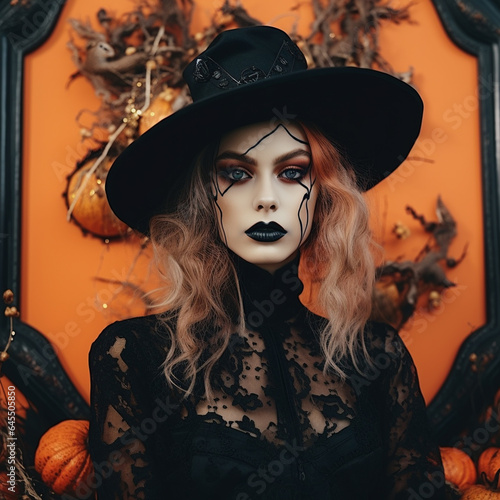 A Woman Dressed as a Dark Witch in a Gothic Halloween Costume - Surrounded by an Intricate Frame with Beautiful Details - Face Makeup for Halloween or Cosplay - Dark Academia Aesthetic