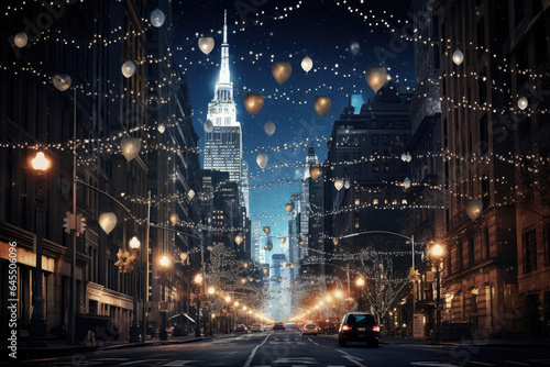 Sparkling cityscape with holiday lights adorning streets and buildings