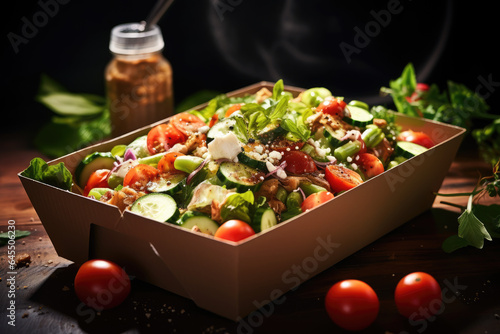 Fresh summer salad of raw vegetable with craft box for take away food