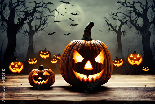 mmerse yourself in the spooky and scary atmosphere of Halloween with a carved pumpkin on a wooden table, under the enchantment of a Halloween night