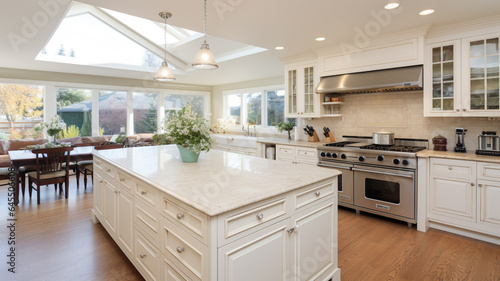 Luxurious off-white colored fitted kitchen within large family home, AI Generative.