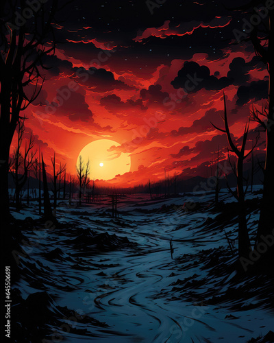 Dramatic red sunset in the winter forest. Vector illustration © Lohan