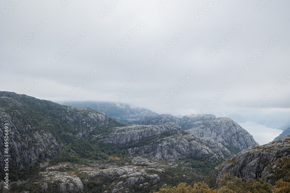 landscape with river and mountains on hike in Norway on fjord