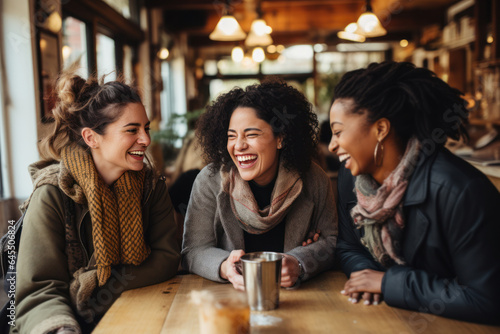 A multi-ethnic group of women laughing together as they share stories during a cozy coffee shop meetup. Capture the genuine joy and camaraderie in their expressions. Generative AI