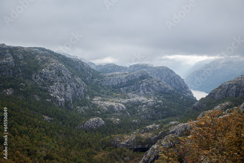 landscape with river and mountains on hike in Norway on fjord