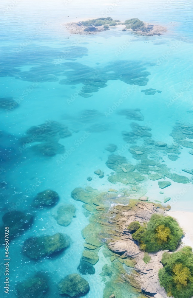 Fototapeta premium Landscape with top view, beautiful island and sea. Generative AI