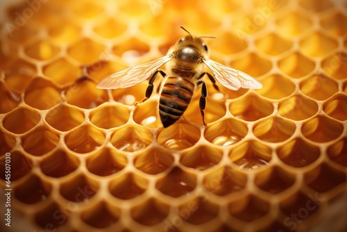 Bee illustration on honeycombs. Generative AI © Deivison