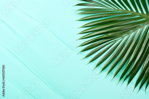 Coconut tree branch on blue background. Generative AI