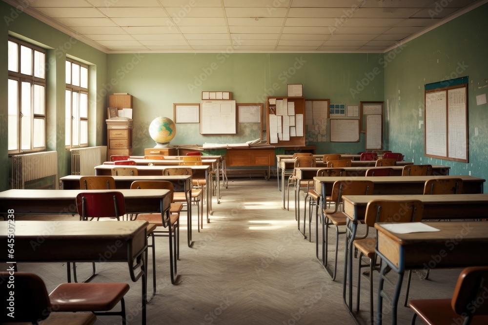 Classroom with chairs, tables and board, elementary school. Generative AI Classroom with chairs, tables and board, elementary school. Generative AI