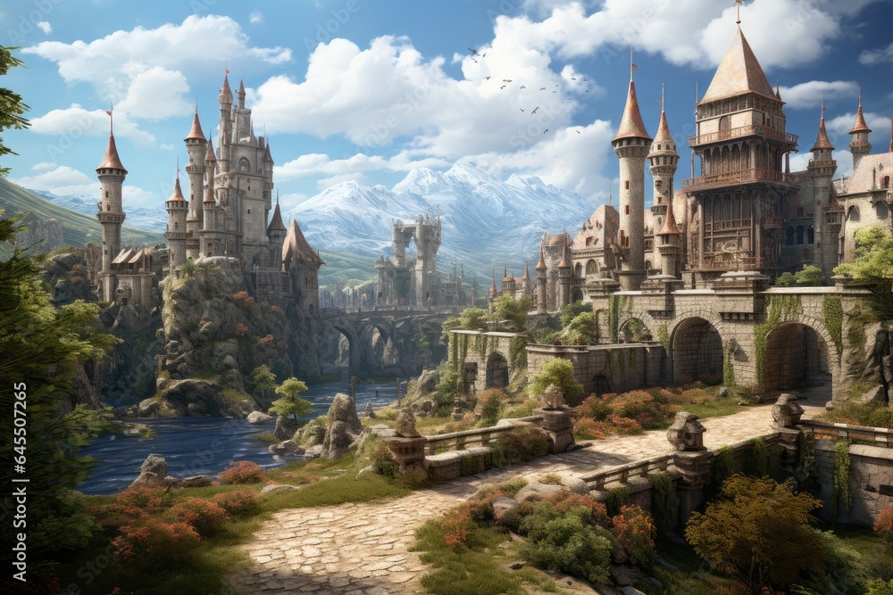 Naklejka premium Landscape with medieval castle, universe of the middle ages, fantasy and fairy tale. Generative AI