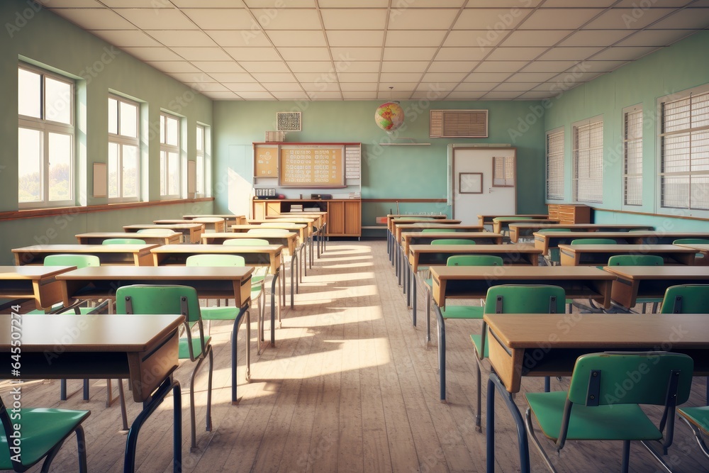 Classroom with chairs, tables and board, elementary school. Generative AI