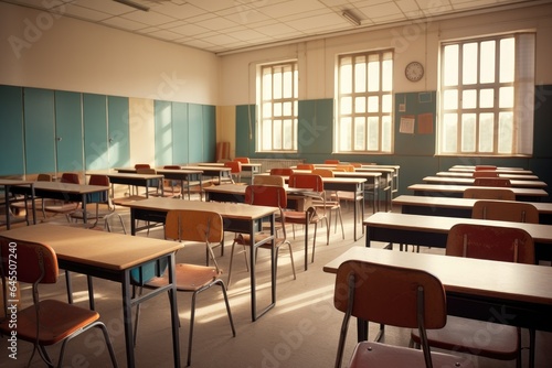 Wallpaper Mural Classroom with chairs, tables and board, elementary school. Generative AI Torontodigital.ca
