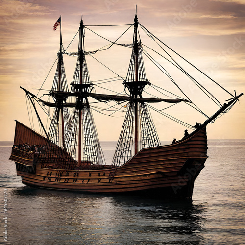 Depiction of the Mayflower wooden ship Christopher Columber used to sail the Atlantic to the United States of America for Spain photo