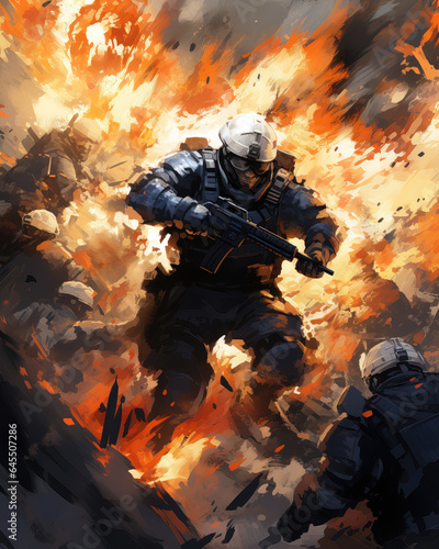 Special forces soldier in action on fire background © Lohan