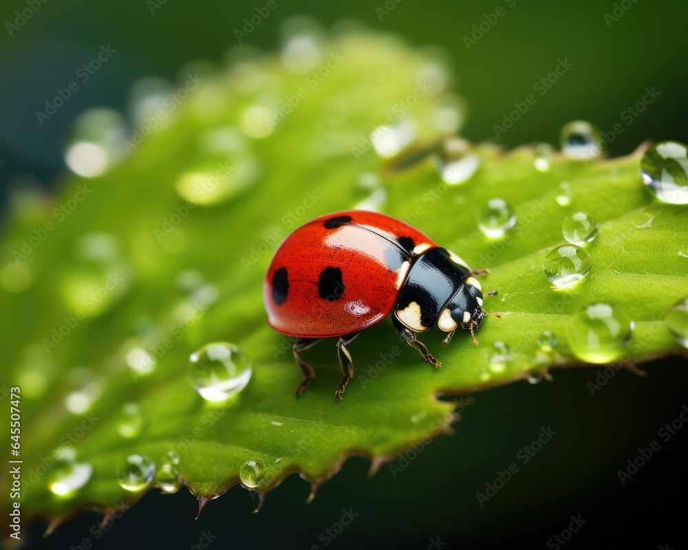 Fototapeta premium Little ladybug on a leaf with raindrops, insect life. Generative AI