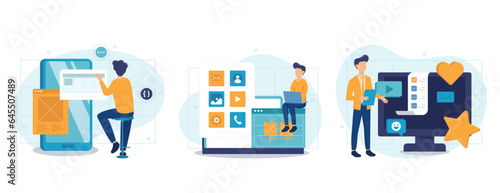 App development concept set. Developers write code, testing, create page layout. People isolated scenes in flat design. Vector illustration for blogging, website, mobile app, promotional materials.	

