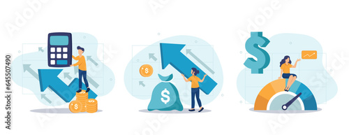 Cost optimization concept set. Idea of financial and marketing strategy. Cost and income balance. Spending and cost reduction, while maximizing business value. Isolated flat illustration vector 