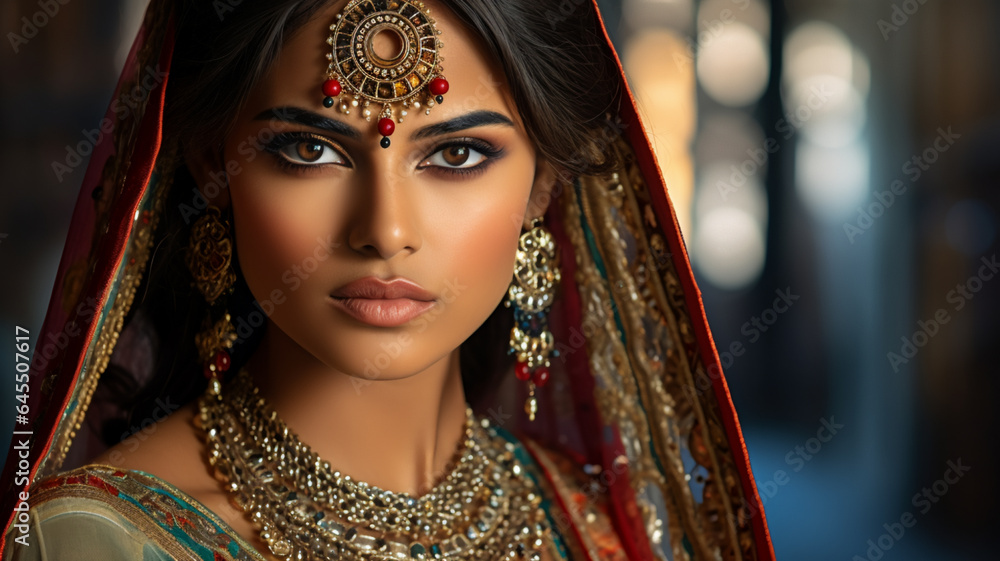 Portrait of beautiful indian girl. Young India woman model with jewelry set. AI Generative.