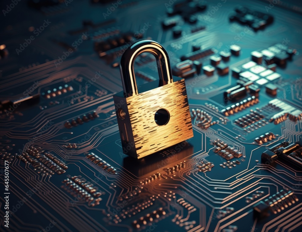 Padlock on circuit board, concept of data security, privacy and antivirus. Generative AI Padlock on circuit board, concept of data security, privacy and antivirus. Generative AI